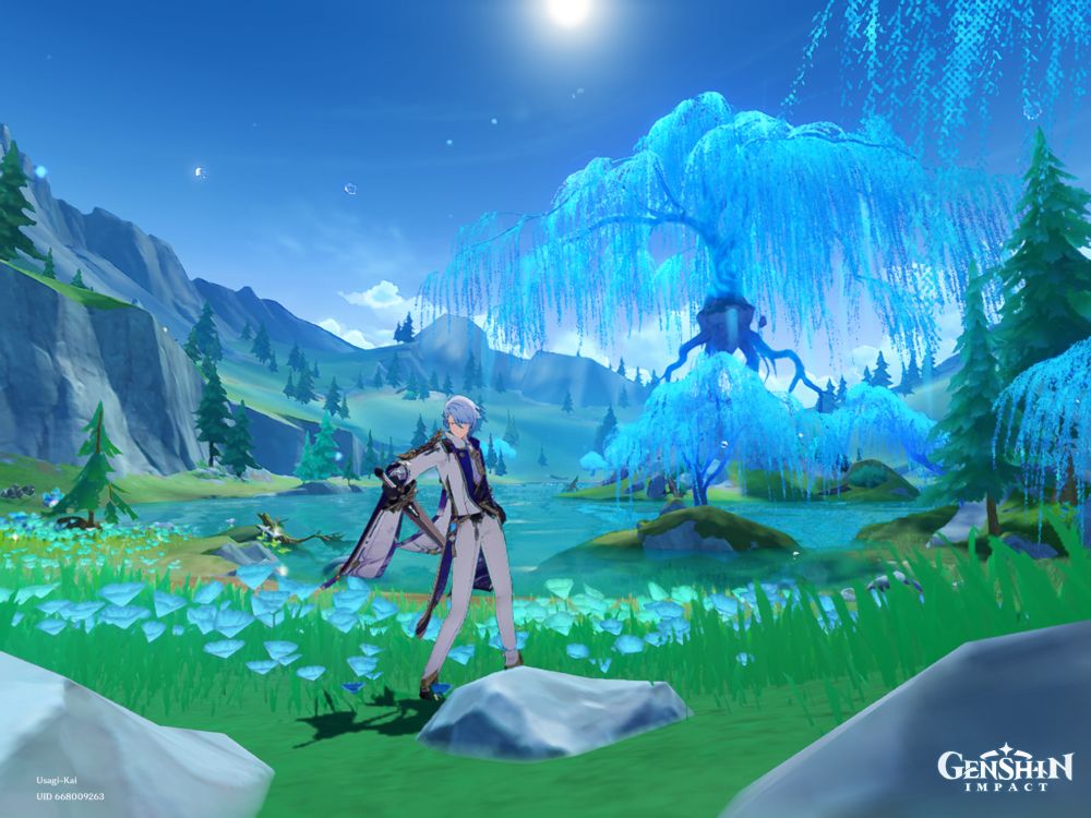 Ayato trying to look hip with the kids in front of the big willow tree