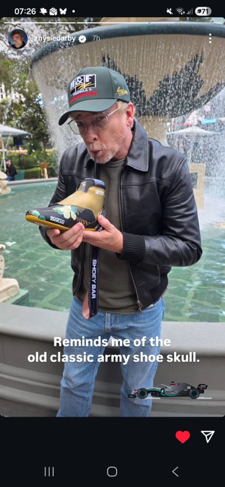 screenshot of Rhys Darby instagram story, drinking from a shoe in Vegas...