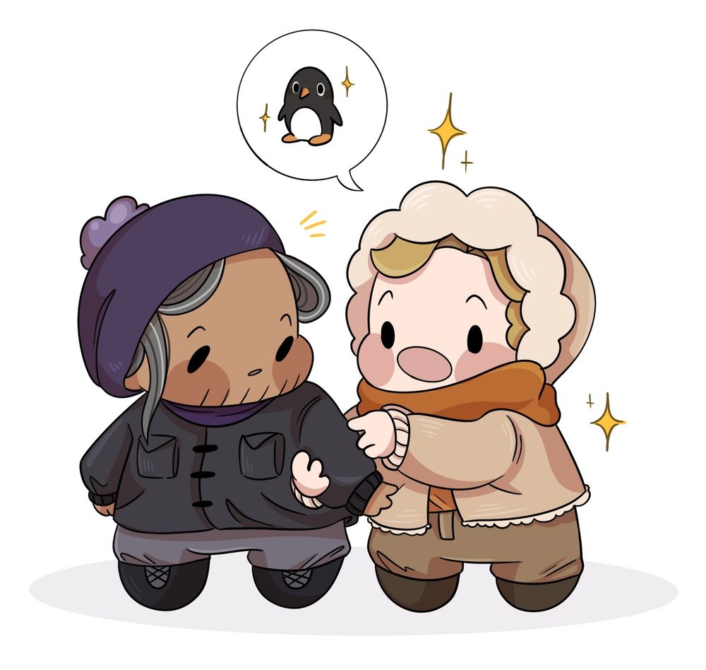 Ed and Stede dressed for winter; Stede clutches Ed's arm, and the speech bubble above his head is a drawing of a penguin!