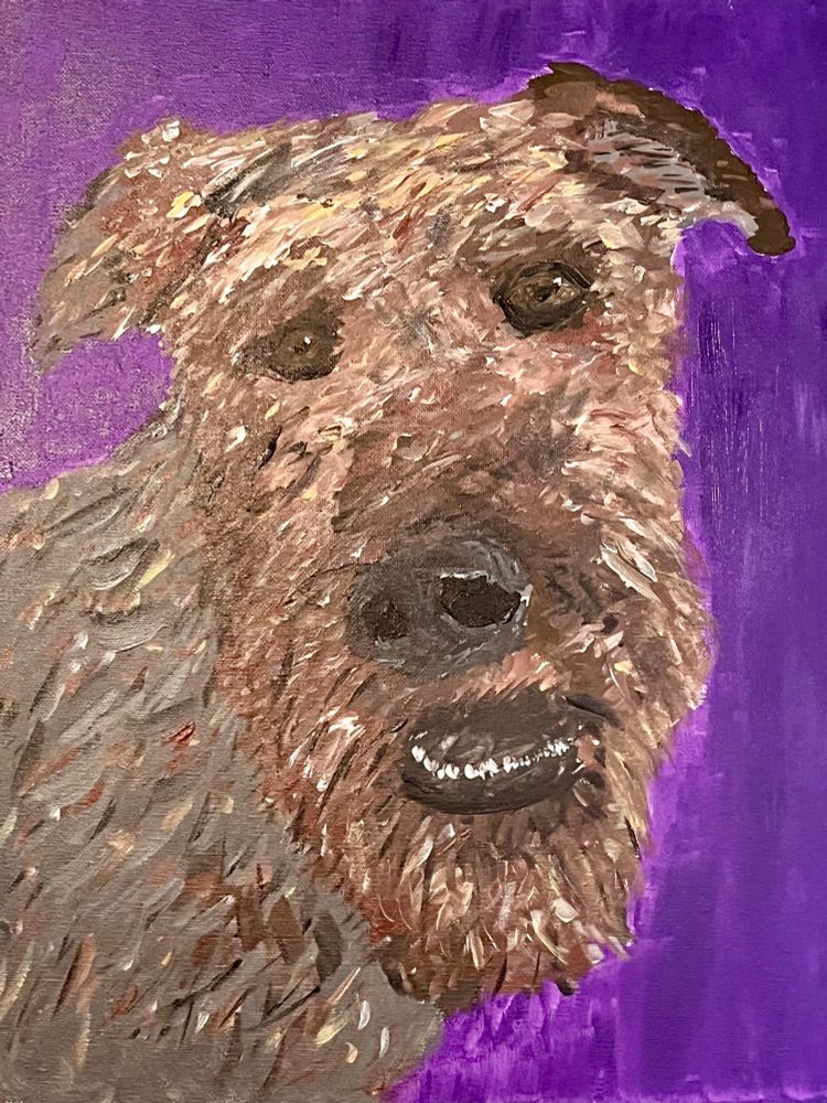 Painting of an Airedale on purple background