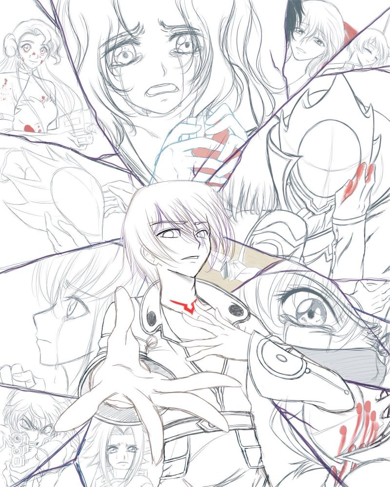 Sketch of multiple characters from the Code Geass anime
