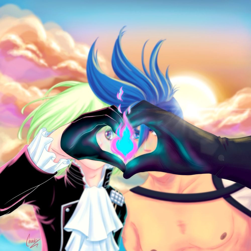 Promare fanart showing Lio and Galo holding their hands together in a heart shape, with the Promare fire inside.