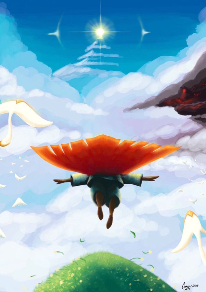 Drawing of Skychild leaping into a sky filled with clouds and manta rays (Sky: Children of Light fanart)