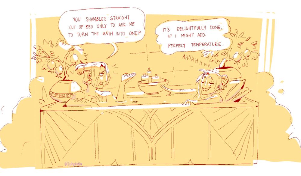 hythlodaeus is lounging in the tub with some pillows he brought him him, emet-selch, who prepared the bath rather effortlessly, can only helplessly look on, at least the view’s nice
