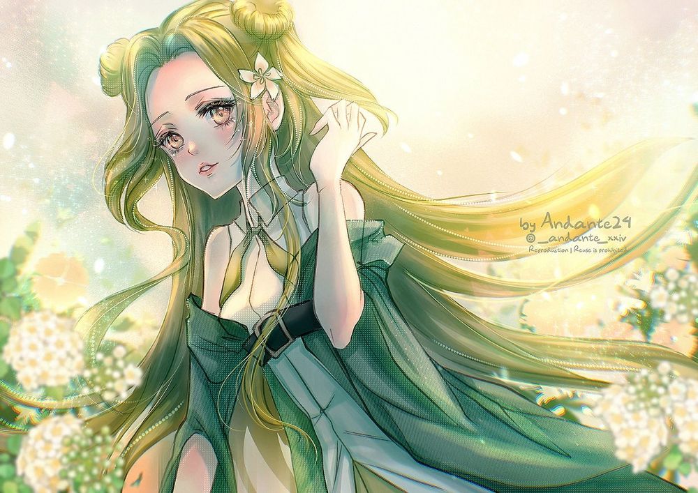 pretty long green hair girl in green suit illustration in anime manga style art