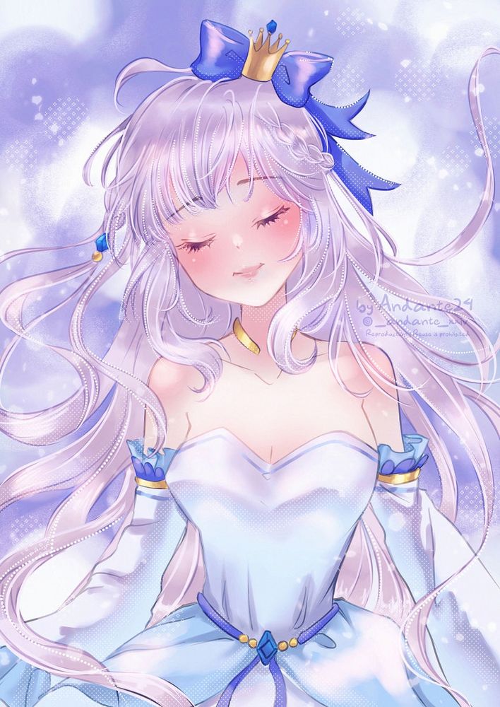 cute anime girl drawing illustration of princess in long silver hair with light purple background she wears blue ribbon and white outfit