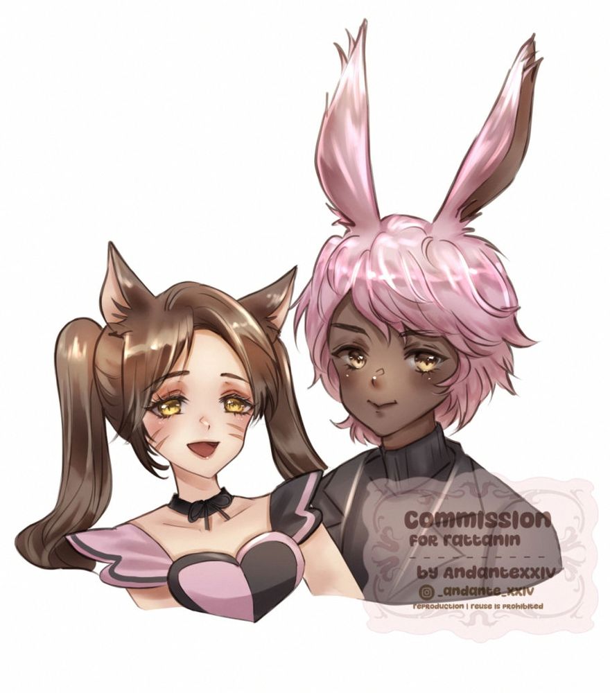 Commission ffxiv final fantasy XIV ff14 couple character art bust up of  miqote and viera in black suit 