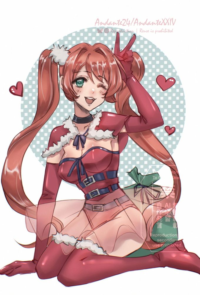 anime style illustration art of twin tails brown haristyle girl in santa red suit