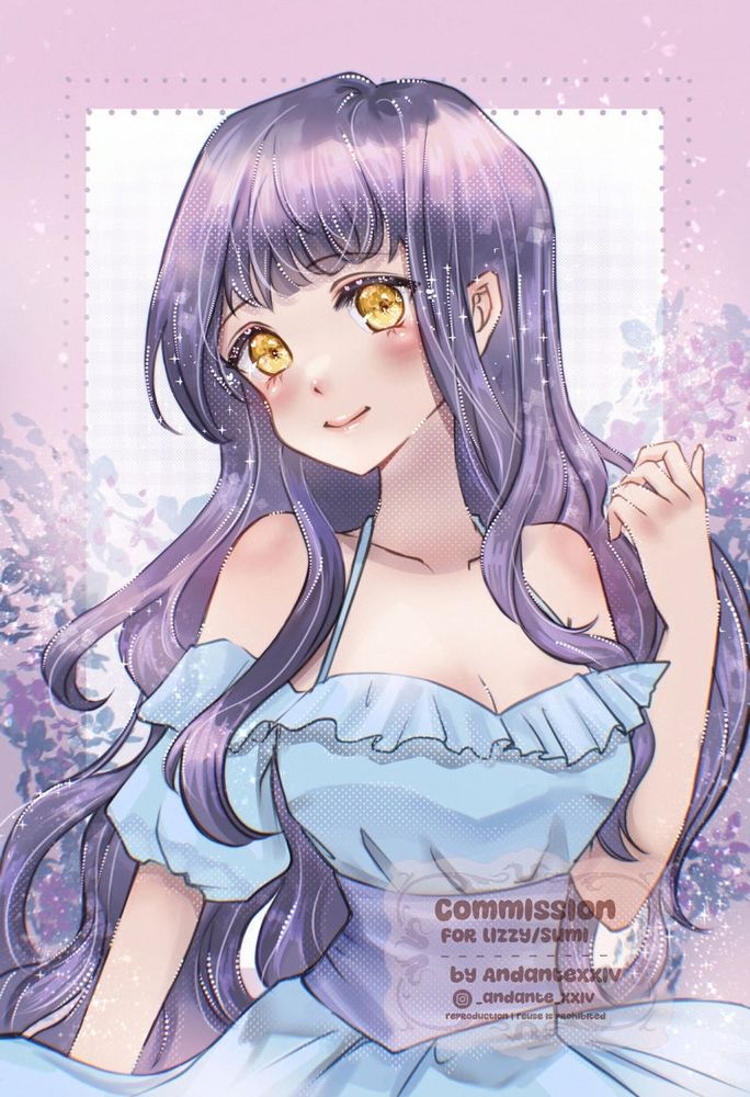 Anime kawaii style pink illustration art of long hair dark purple girl in flow light blue dress, the coloring is all pastel and sweet commission art of Sumi for Lizzy