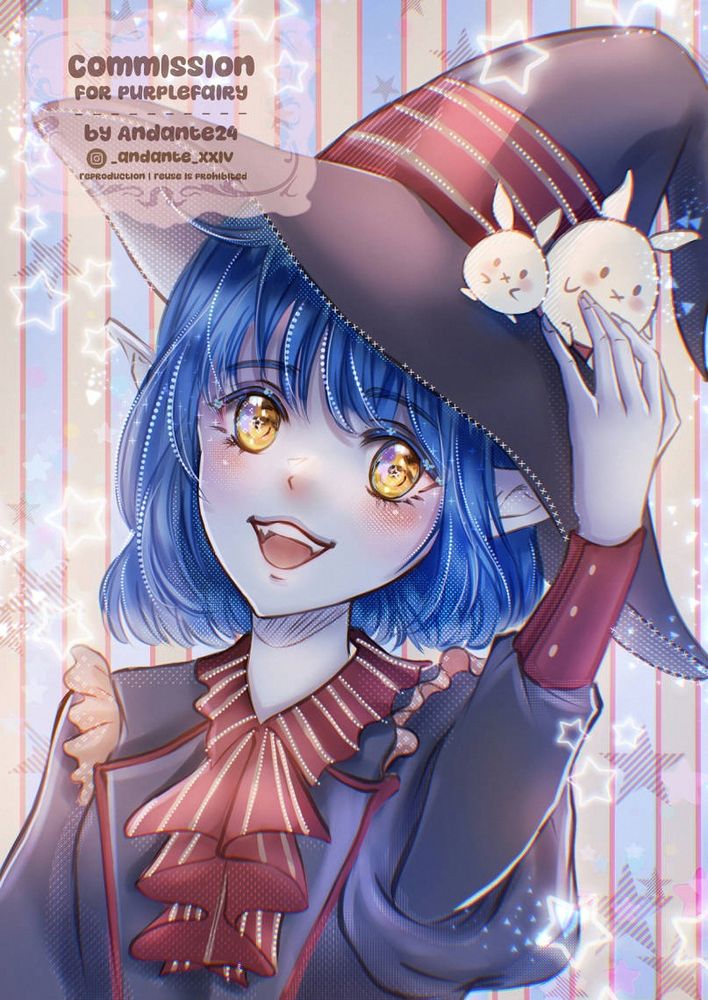 witch girl vampire elf smile cutely illustration in manga anime pattern screentone art  commission of elezen FFXIV character on vgen for purple fairy