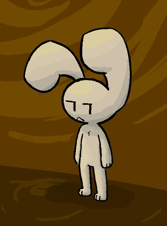 A white-furred bipedal rabbit frowning and looking aside at the viewer. In one version, he is also wearing an oversized T-shirt.