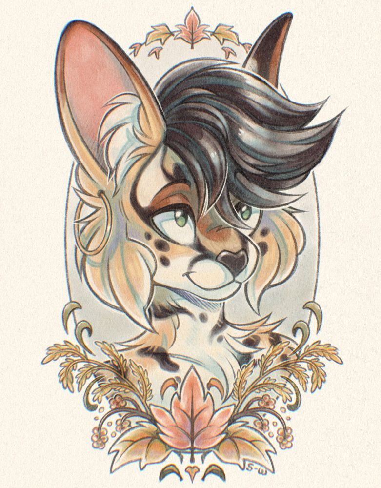 Digital drawing of an anthropomorphic serval. The style mimics a vintage portrait, with soft lines and colors. The portrait is surrounded on top and bottom with autumn foliage like maple leaves and wheat.