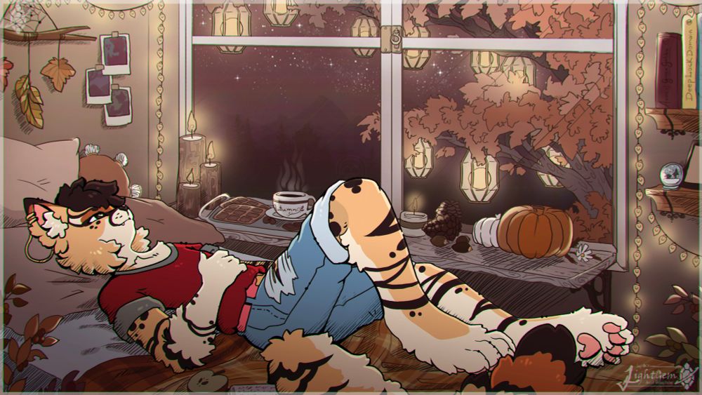 An anthropomorphic serval lays on top of a bed that has an orange plaid comforter and a few pillows. The serval is wearing a red shirt and ripped blue jeans. The bed is beside a window, which overlooks a night sky and tree with orange leaves and lanterns in its branches. The windowsill has various trinkets like pumpkins, pinecones, candles, and a tray with coffee and waffles. On the walls of the room are string lights, bookshelves, Polaroids, and various other trinkets.