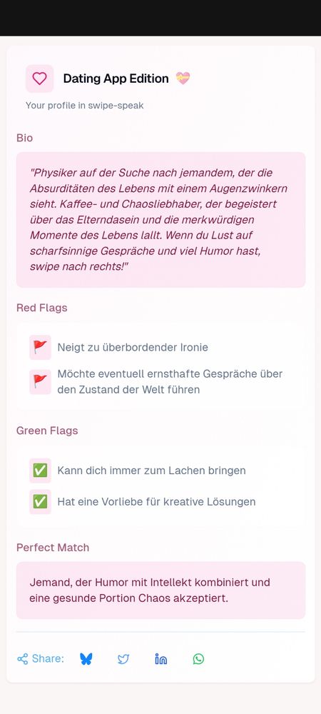 Dating app profile with humorous and ironic elements. Includes red flags like excessive irony and world issues. Green flags are laughter and creative problem-solving. Perfect match: intellect and humor.