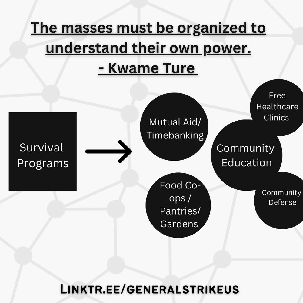 Black text at top reads the masses must be organized to understand their own power quote by Kwame Ture. Figure in center of image has black rectangle on the right that reads survival programs with arrow pointing right to circles reading mutual aid/time banking, food co-ops/pantries/gardens, community education, free healthcare clinics, community defense. 