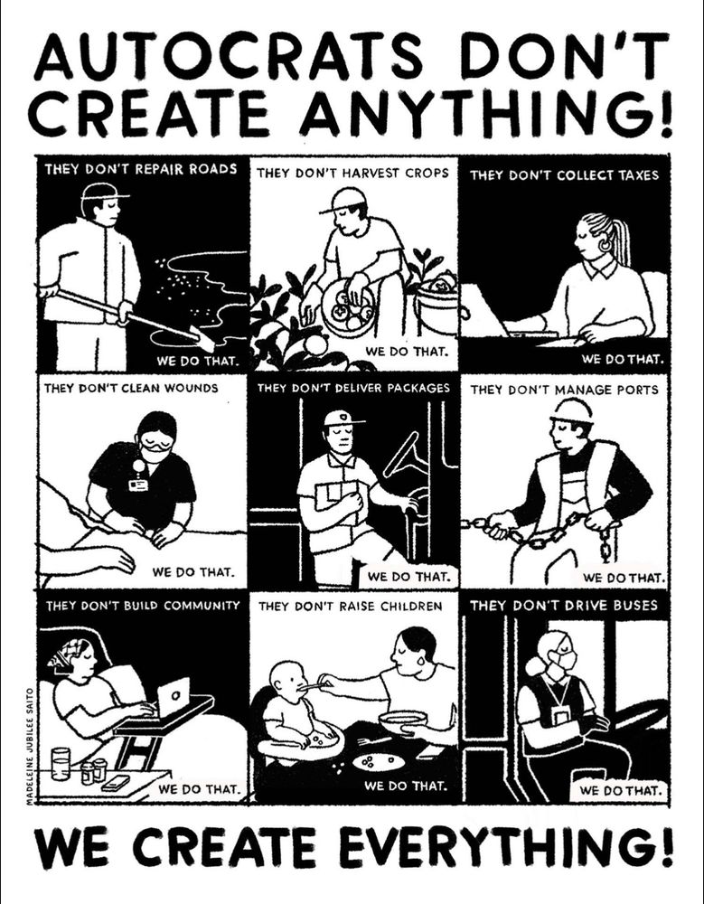 White background, black text. Title reads autocrats don’t create anything! Below this are drawings of folks working. From left to right, the first row reads they don’t repair roads we do that; the don’t harvest crops we do that; they don’t collect taxes we do that. The second row from left to right reads they don’t clean wounds we do that; they don’t deliver packages we do that; they don’t manage ports we do that. The third row from left to right reads they don’t build community we do that; they don’t raise children we do that; they don’t drive buses we do that. At the bottom in large text reads we create everything. 