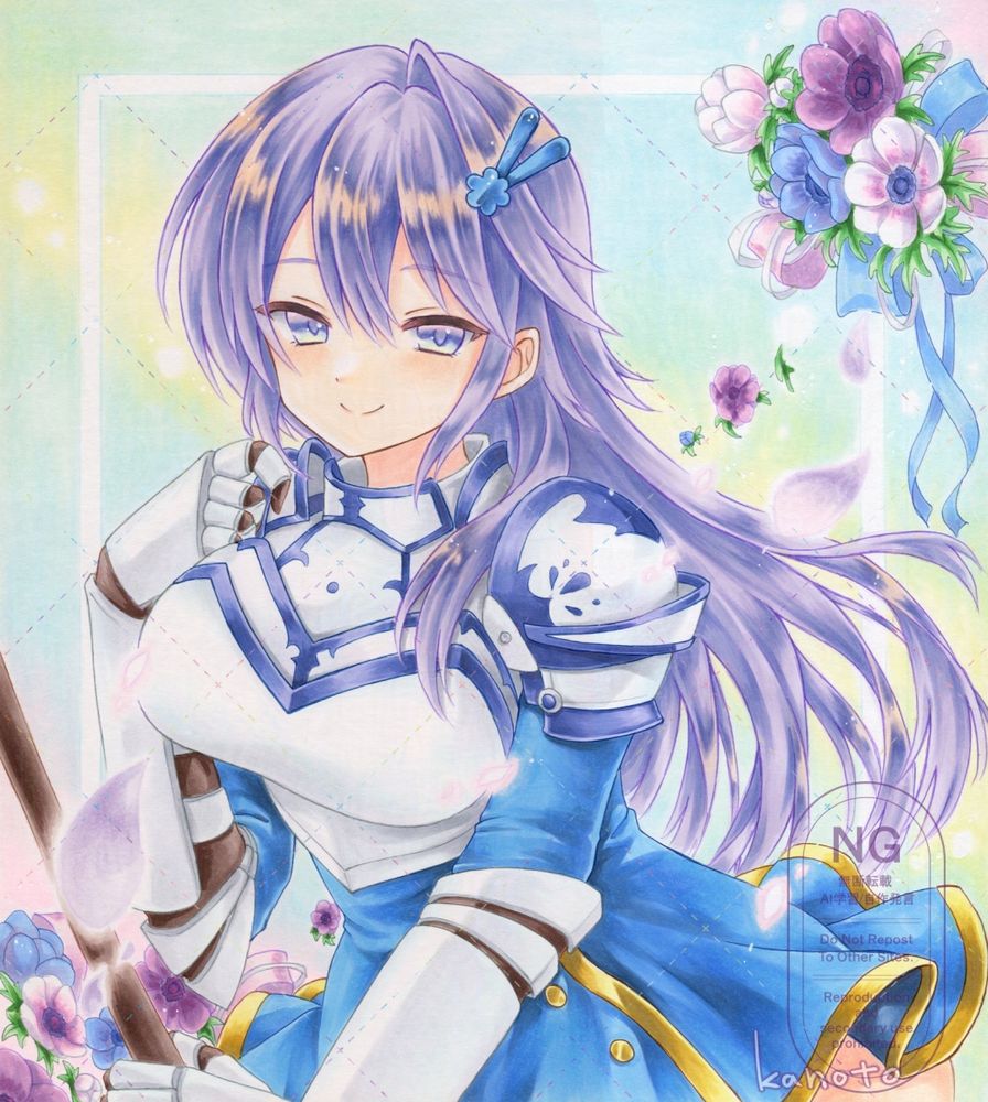 大色紙に描いたフラワーナイトガールのアネモネのアナログイラスト