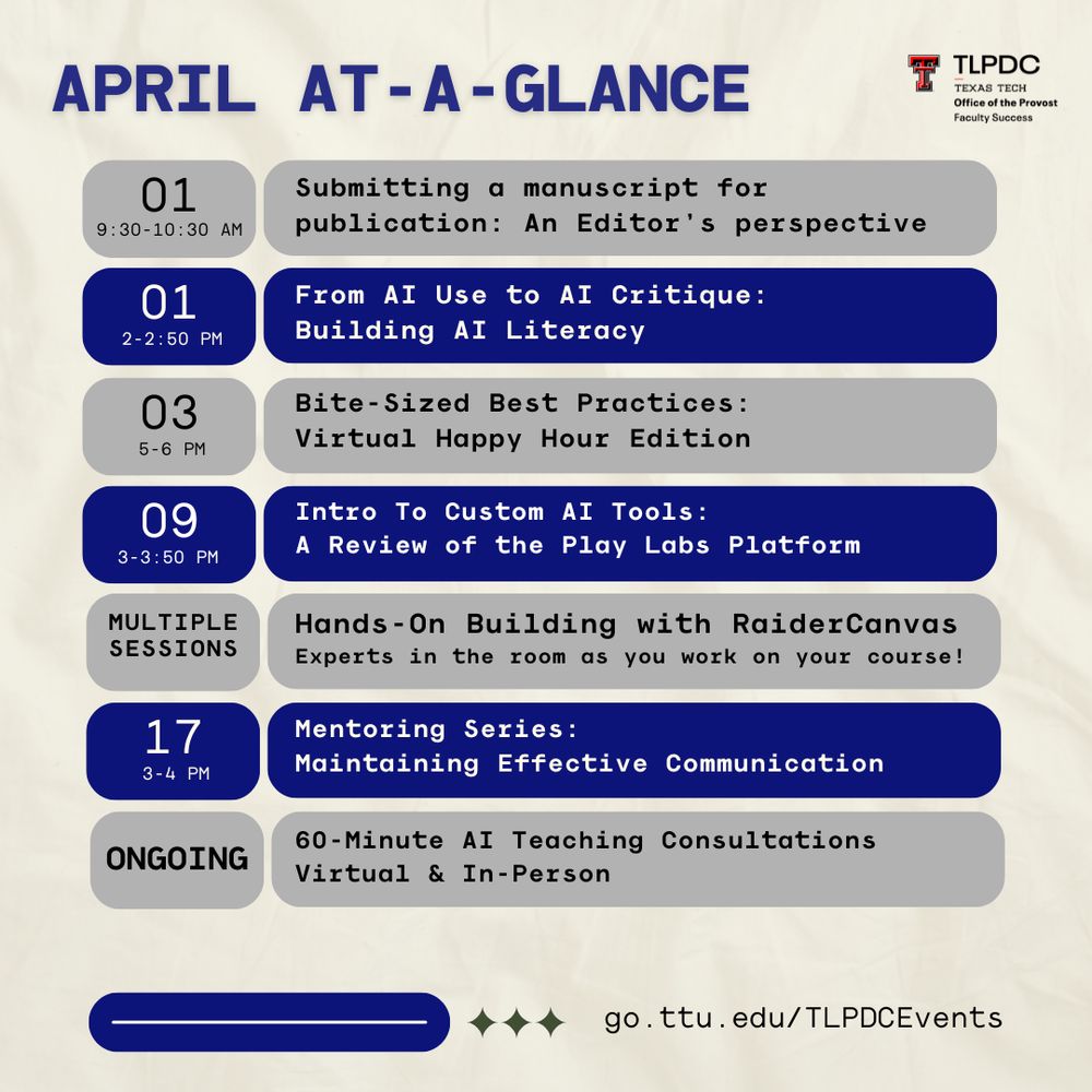 April at-a-glance flyer with dates, times, and titles of upcoming TLPDC events