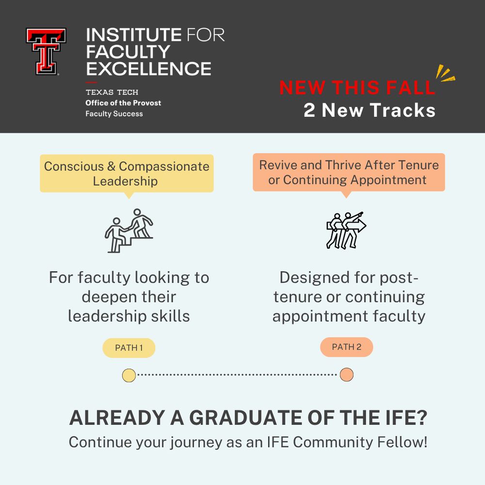 Institute for Faculty Excellence flyer explaining two new tracks for faculty to choose from: Conscious & Compassionate Leadership. Revive and Thrive After Tenure or Continuing Appointment. Already a graduate of the IFE? Continue your journey as an IFE Community Fellow!