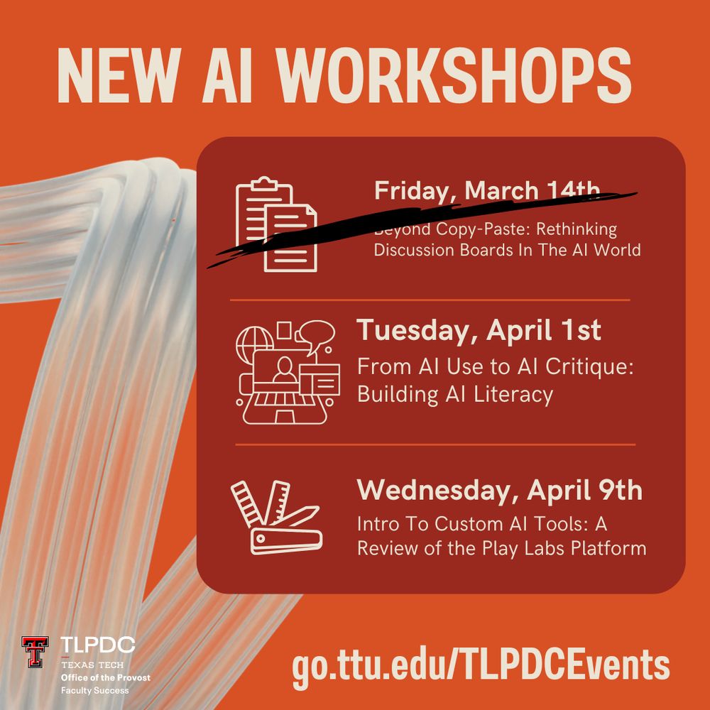 New AI Workshops: Tuesday, April First- From AI Use to to AI Critique: Building AI Literacy. Wednesday, April 9th- Intro to Custom AI Tools: A Review of the Play Labs Platform.