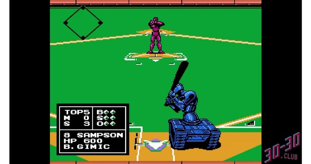 A screenshot from the game Base Wars in which a robot with a canon arm aims a pitch toward robot batter with tank treads for legs. 

It is the top of the 5th. Team S is winning 3-0. The count is 2 balls 2 strikes with 2 outs