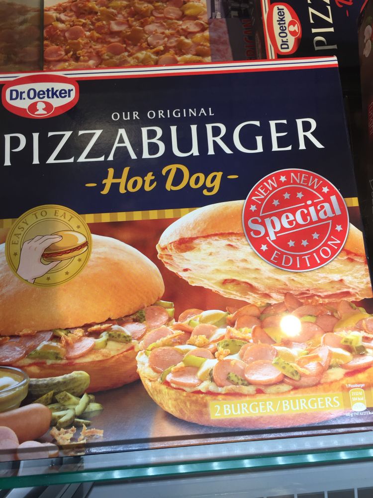 A box for Dr. Oetker’s Pizzaburger in Hot Dog flavor

The picture is of a hamburger bun with one half covered in cheese and pizza sauce then covered in chopped hotdog and pickle before the top bun is put on