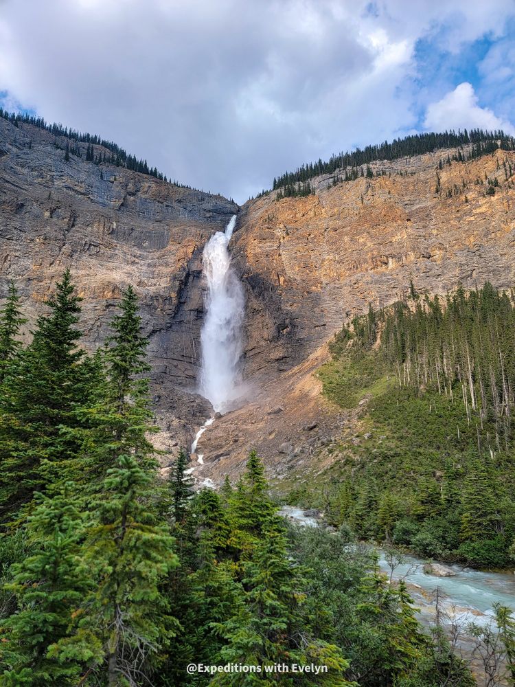 A powerful waterfall thunders down light brown rock into a valley off lush green trees and plants. The stream from the waterfall is ice blue from glacial runoff.