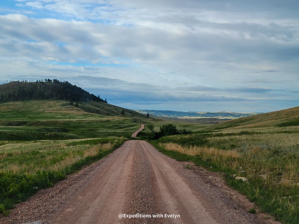 A reddish tan gravel road winds though grasslands of green and gold with trees on the hillside. Cloudy skies allow a little bit of blue to peak through.