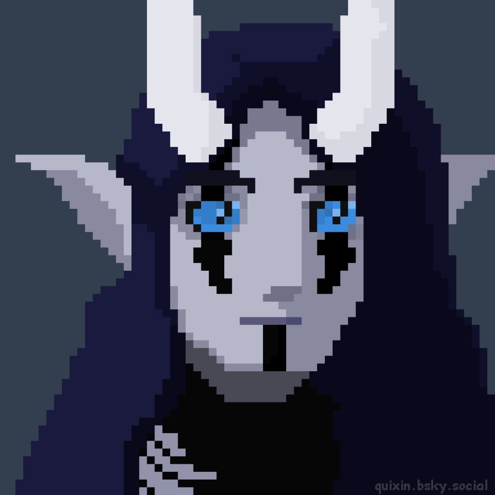 a pale grey freaky woman with white horns and blade-like face tattoos. she has blue hair and pronouns and looks to the side with her big blue eyes. and her ears are pointy i guess