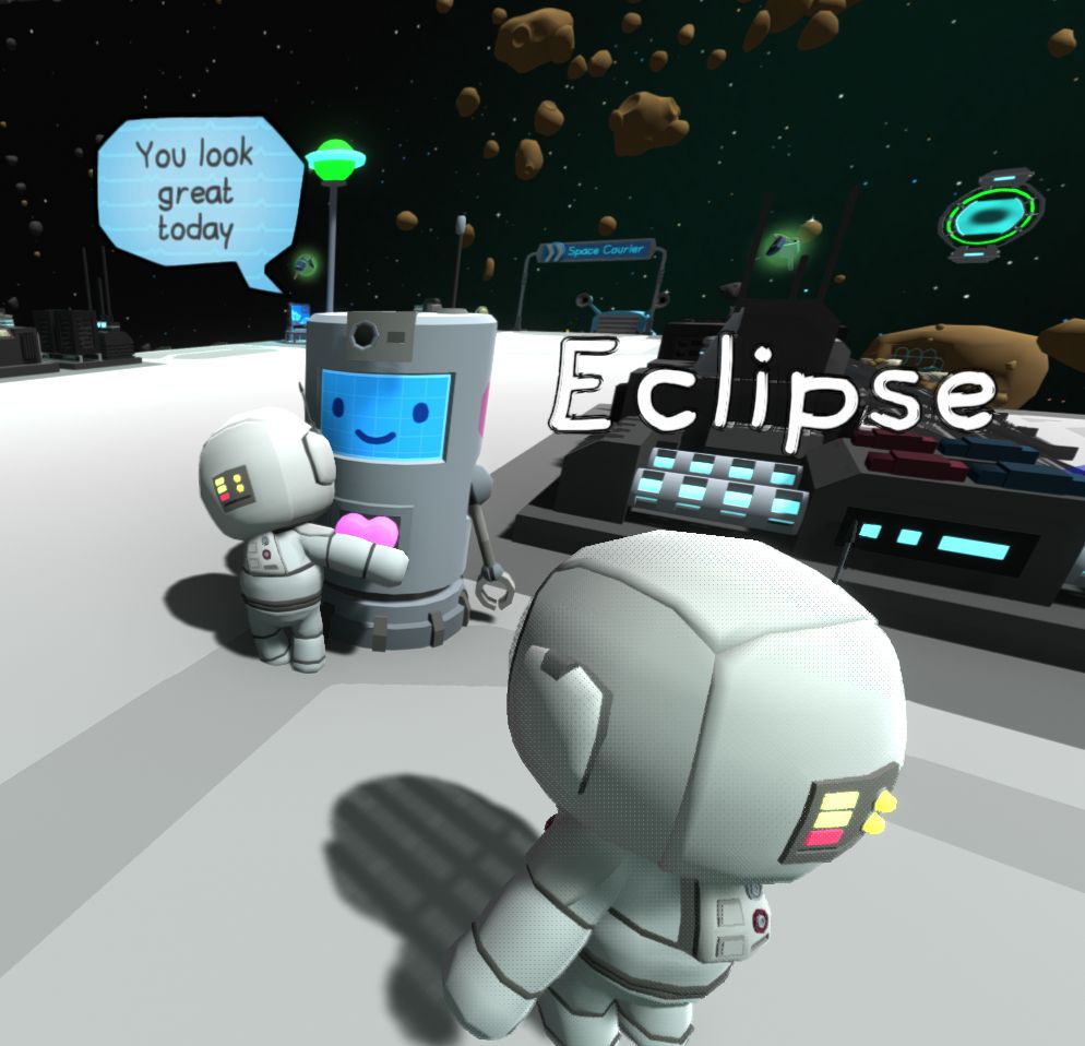 my astronaut character hugging a robot with a heart on it that is saying you look great today