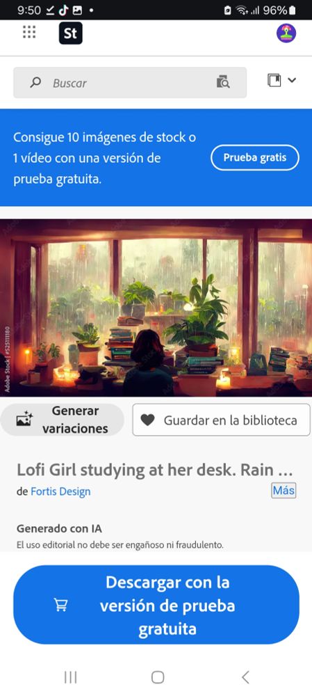Captura de Adobe Stock donde se ve la imagen de la portada con un "Generado por IA".