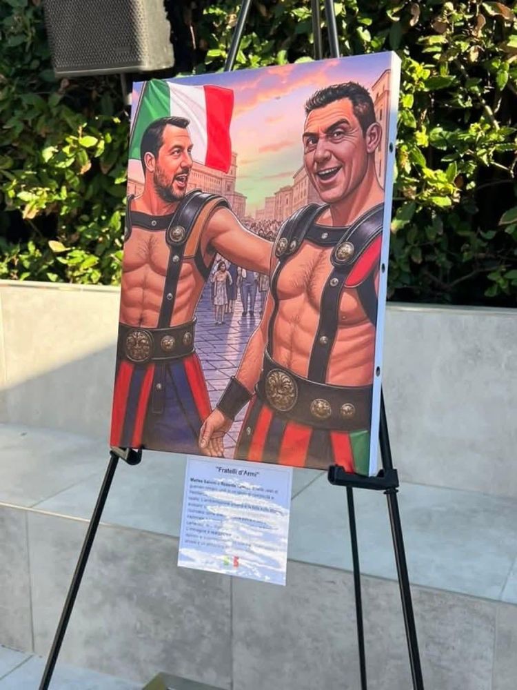 Il ministro dei trasporti e l'europarlamentare Vannacci dipinti in versione sexy gladiatori palestrati con una certa tensione omoerotica che traspare dalla posa dei due e dallo sguardo ammiccante di Vannacci