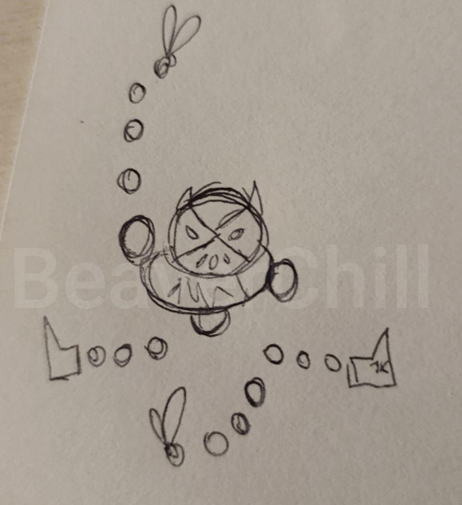 Dibujo tradicional del mismo personaje aún más pequeño está saltando  con las piernas abiertas y tiene el brazo izquierdo arriba y algo curvo haciendo el signo de la victoria y el derecho hacia abajo haciendo el mismo signo y mira al frente.