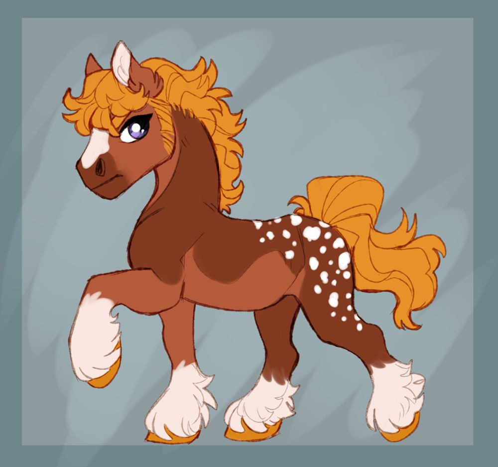 A pony facing to the left in a trotting pose. He has a disapproving expression. His body is warm brown with white accenting and spots. His mane and tail are a blonde colour and his eyes are dark purple.