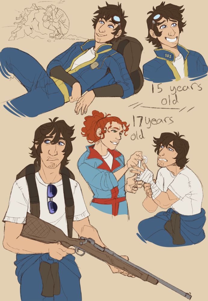 A series of doodles of Donovan in his younger years. In one he is gazing up at the sky with a smile as he is seeing it for the first time. In another he is smiling awkwardly. In the lower drawings he is a little older. On the left side he is holding a hunting rifle and looking nervous while on right he is having an injury treated by Moira.