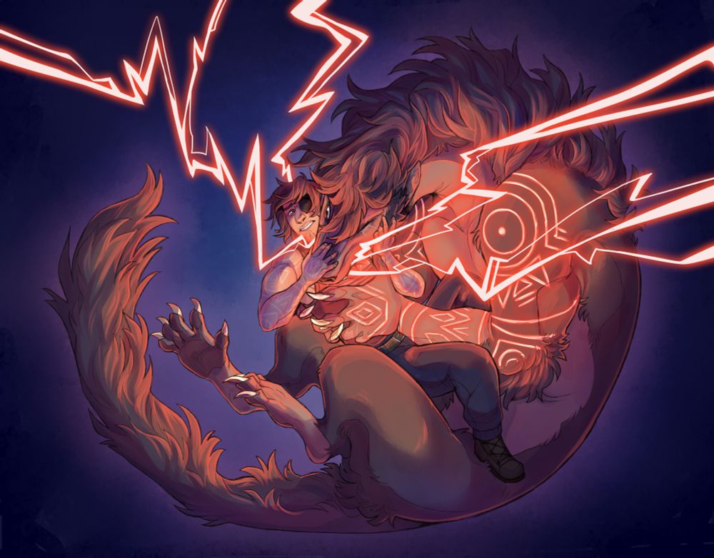 Donovan's beast form is curled around his human self with his jaws locked around his chest and both hands grasping him to hold him in place. There is red lightning coming from his mouth and his marks are lit up red as well.