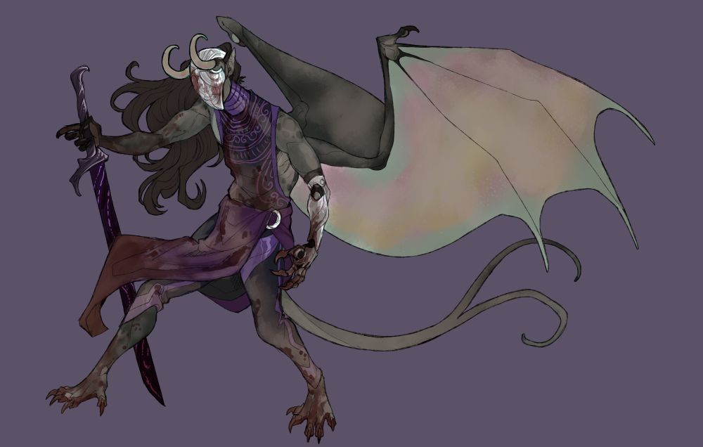 A drawing of Albus in his Celestial Pure Body. He is standing slightly hunched with his wings flared out. He is holding a purple and black sword in one hand. His outfit is flowing purple and black cloth with a high collar and a silver helmet that covers his face and blinds him. One of his arms is also a silver prosthetic. But he is now covered in dried blood and ash.