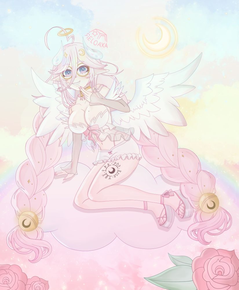 Illustration of 3.0 Vtuber model by Rosebell_Art, laying cozily on a cloud surrounded by colourful clouds, sparkles, a couple of roses and a shiny moon with a rainbow background