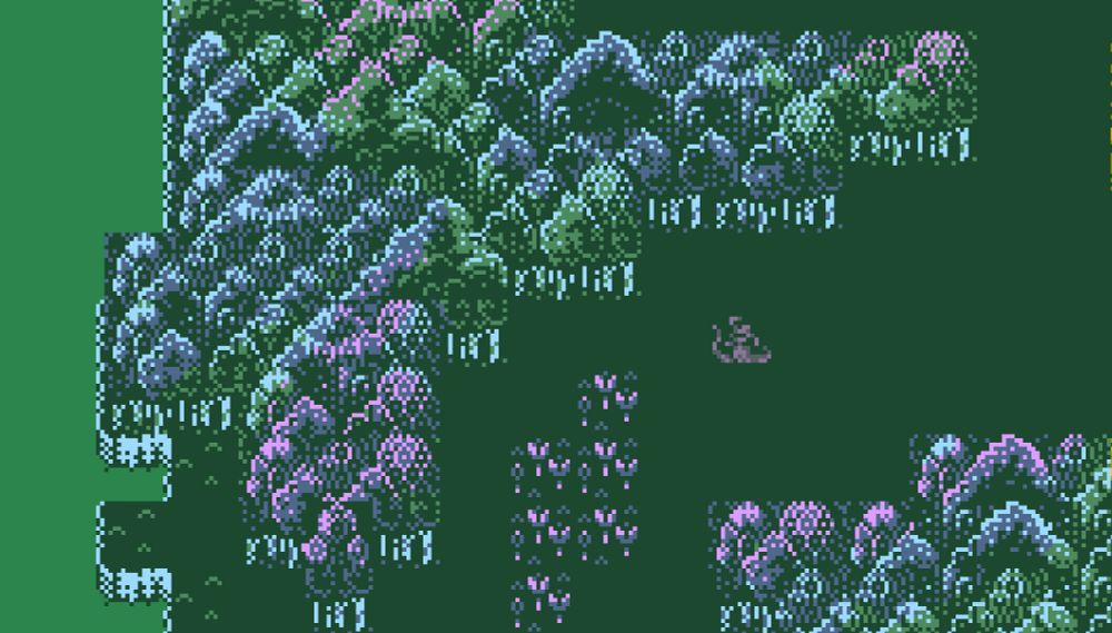 stony, lacework geometric pixel art trees. the tiles are on a grid, but the palette is not.