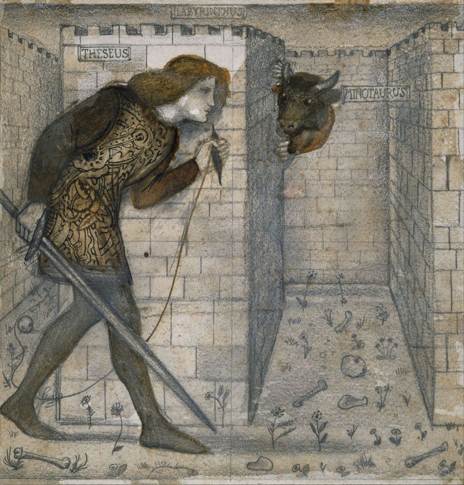 pale cool colors intermingled with muted bronzes. tall, square labyrinth walls with minute crenelations. a very 20th century Theseus, with oversized northern European longsword, unspools a skein of yarn. a very gentle minotaur peers around a corner. the characters look giant- Theseus hunches over, as if trying to avoid seeing over the walls. there is no ceiling.