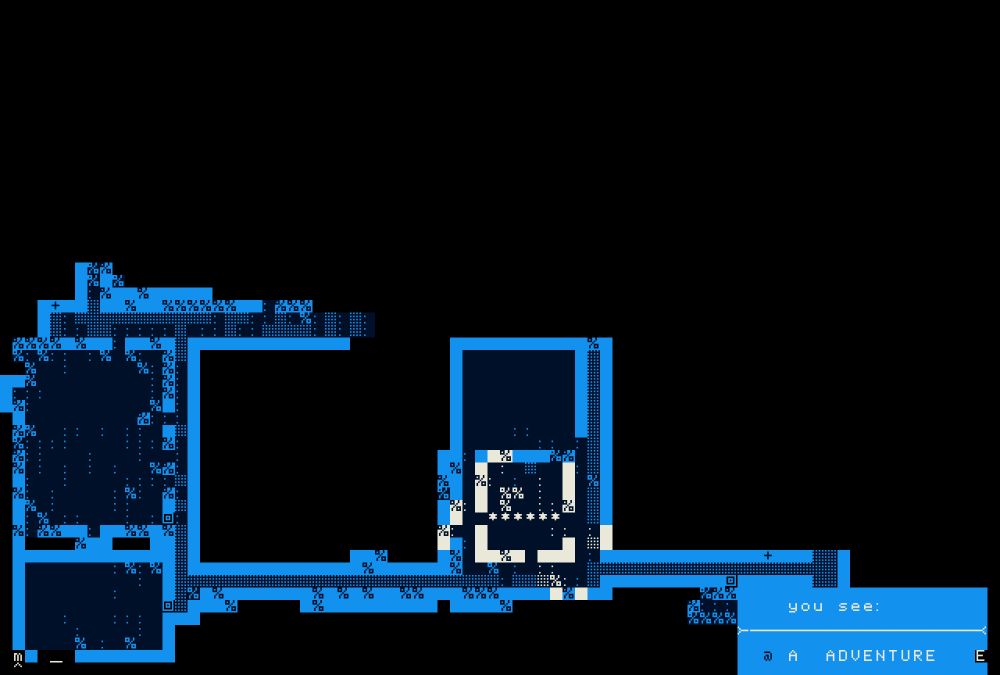 text mode screenshot of a map, mostly remembered (currently not perceived) in a slightly overbright blue-green, blue of cyan, against true black and a blue-green black.