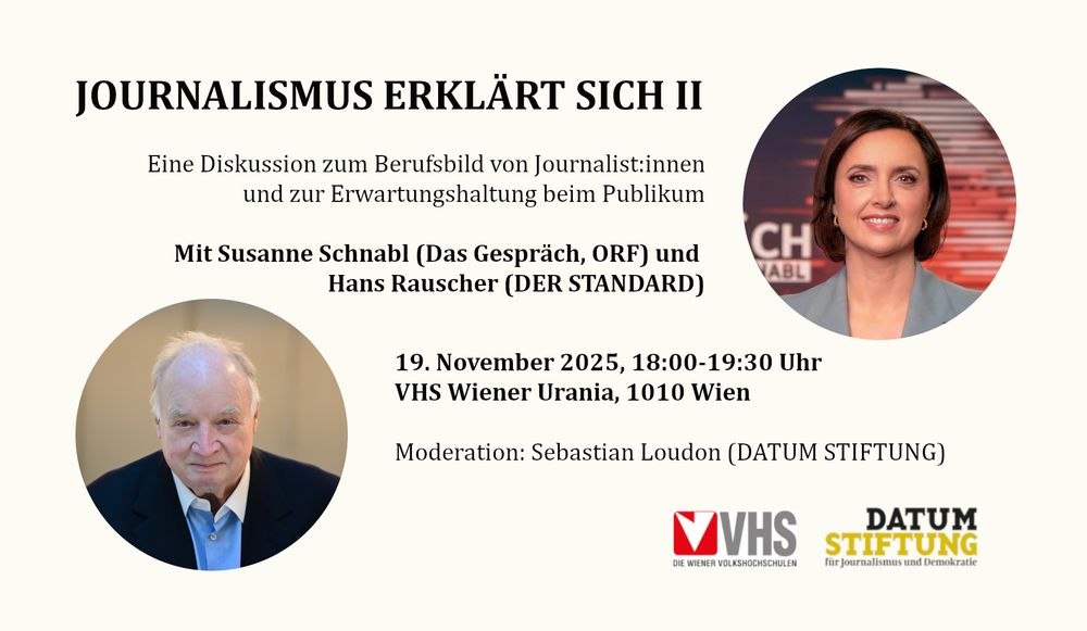 Ankündigung "Journalismus erklärt sich II" mit Susanne Schnabl und Hans Rauscher