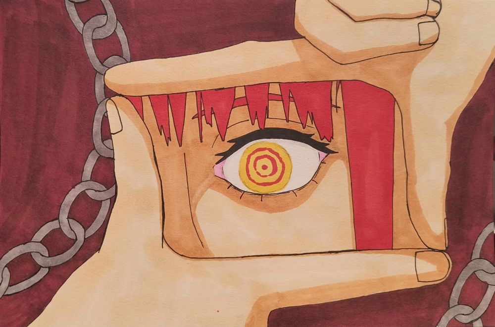Marker drawing of Makima from Chainsaw Man looking out of a box made with her fingers with chains in the background