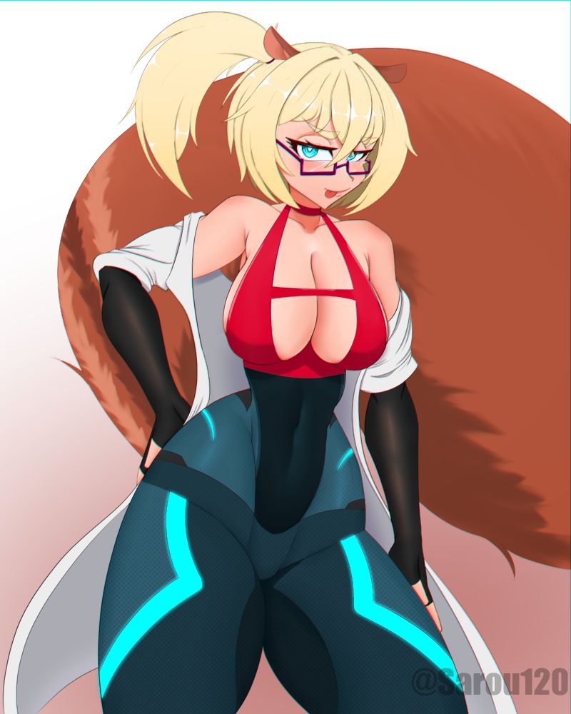 Ami! A squirrel girl scientist with blonde hair sloppily put up into a side ponytail. She wears black shoulder length gloves, purple glasses, and a tight body suit that ends in a top that shows off her cleavage. All while lazily wearing a lab coat.