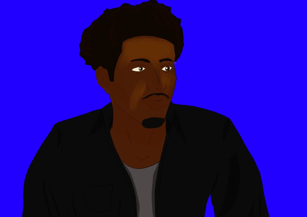 Illustration of a black man with a beard, grey beater, and black button up on a blue background. Staring off into the distance. 