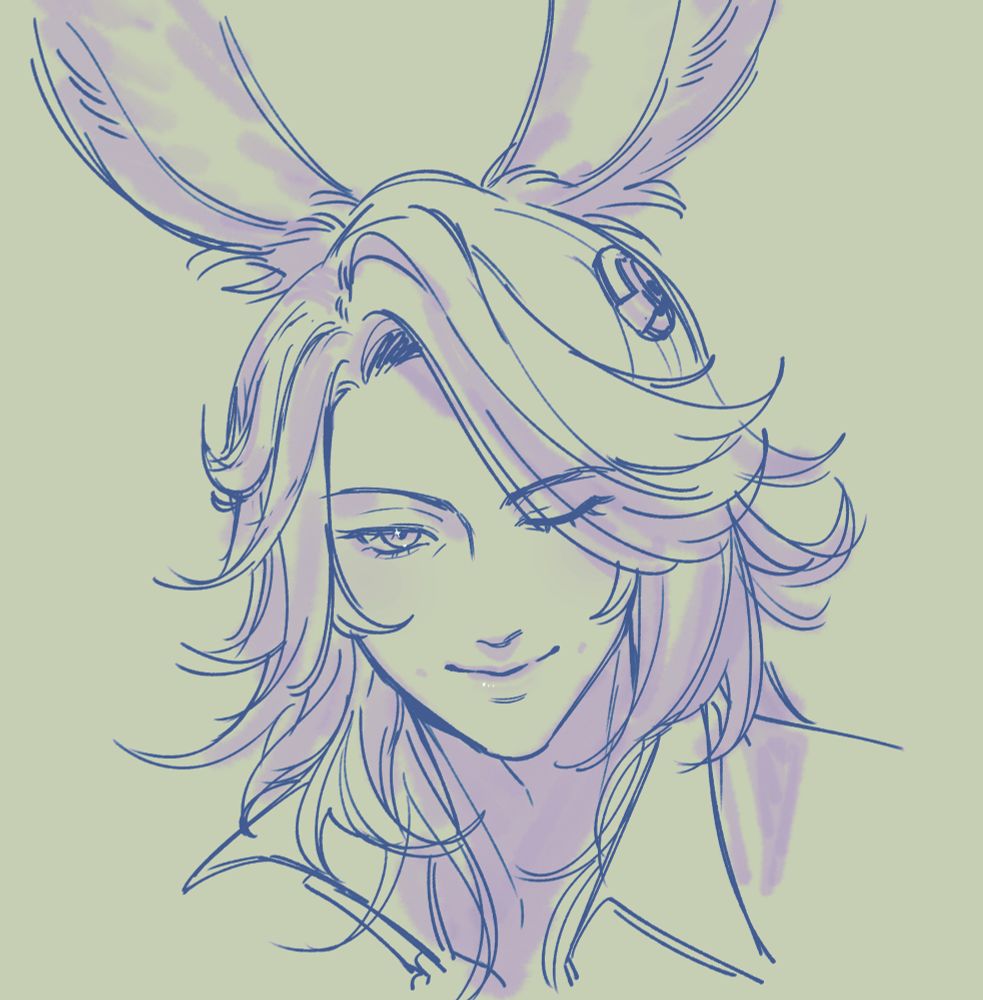a portrait sketch of Dancing Green in tints of blue, purple, and green. he winks at the viewer in a sultry manner (i guess?)