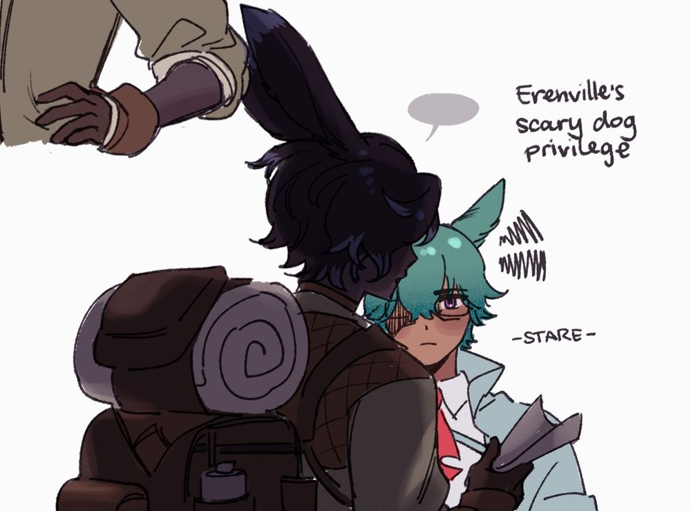 text in image: Erenville's scary dog privilege

 -STARE- 
-
A shadowed Erenville stands in front of a well-lit Koana, who glares at the viewer from over Erenville's shoulder. Erenville is not paying attention to Koana nor the viewer.
