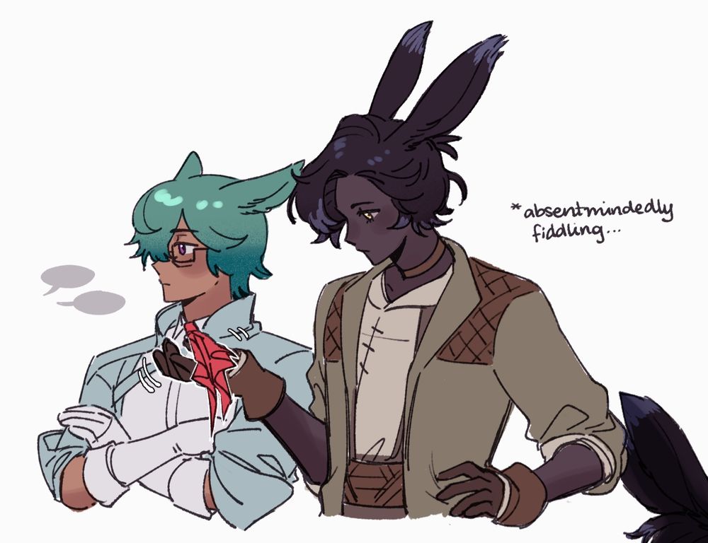 text in image: *absentmindedly fiddling...
-
Erenville stands next to a distracted Koana, hand on his hip and the other playing with Koana's red ascot/tie