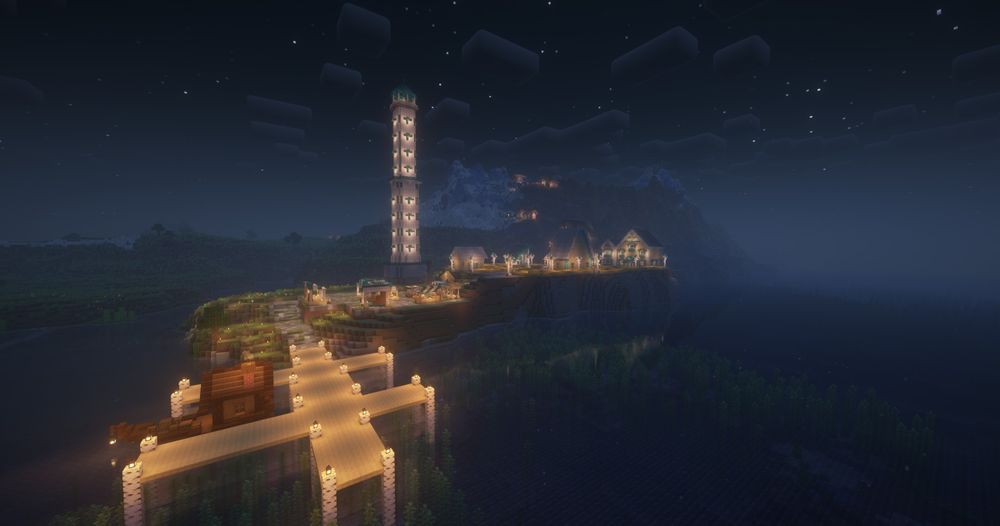 A screenshot from the game minecraft. A work in progress of a fishing town. There's a massive lighthouse, a dock with a little boat, and some houses in the distance. A little further from the dock, there is a fish market. 