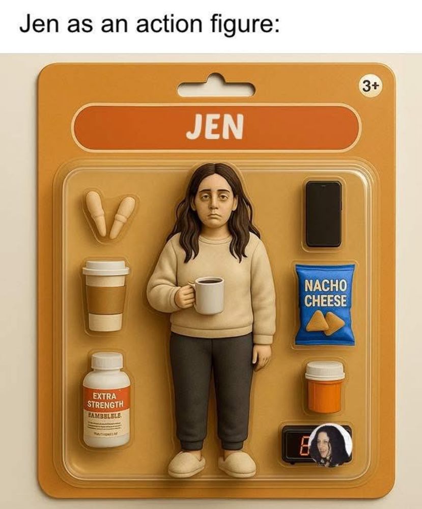Jen as an action figure: an action figure in the likeness of me with disheveled hair, dark bags under the eyes, coffee, a cell phone, headache medicine, an alarm clock, and some nacho cheese chips. This is obviously not real and is a parody. 